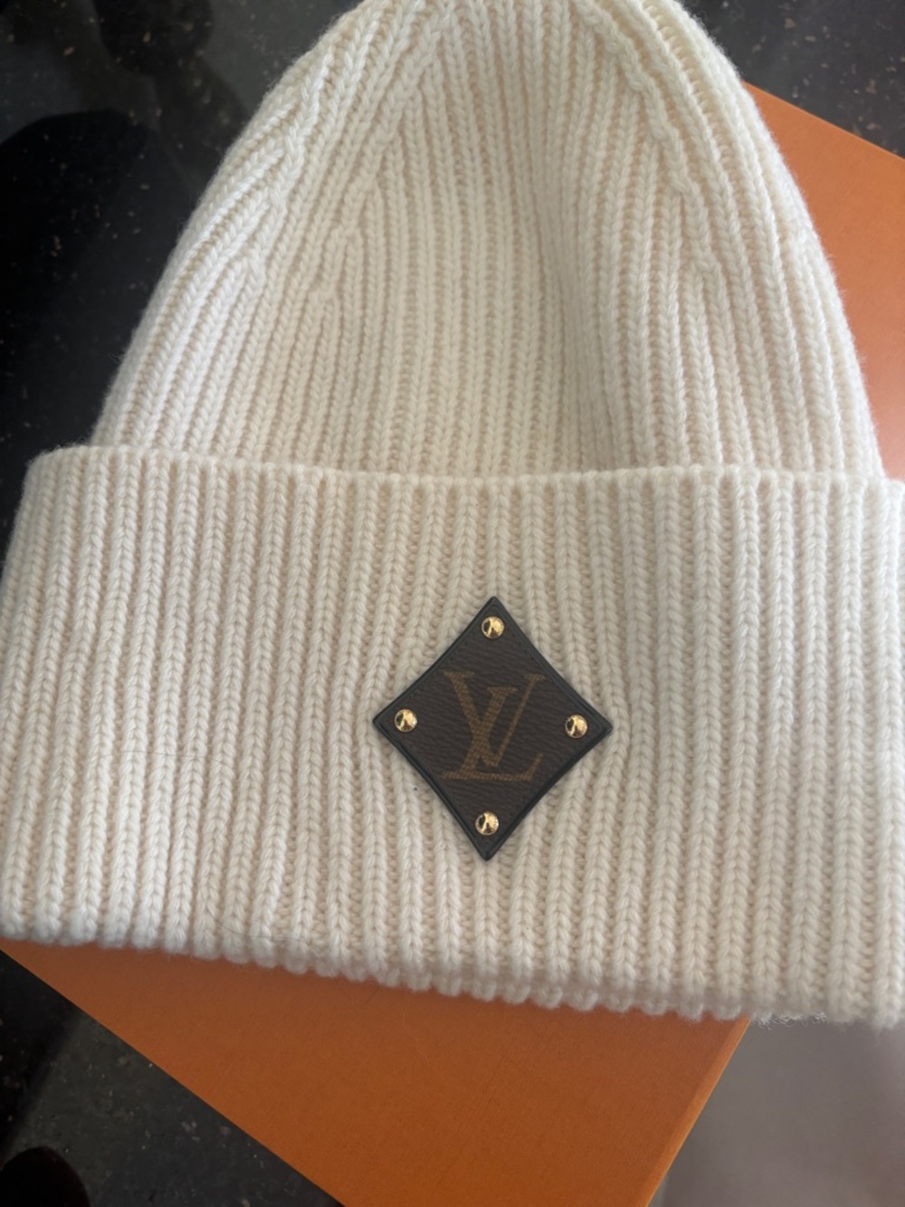 Louis Vuitton Cream Ribbed Wool Beanie with Monogram Patch - Picture 2 of 5